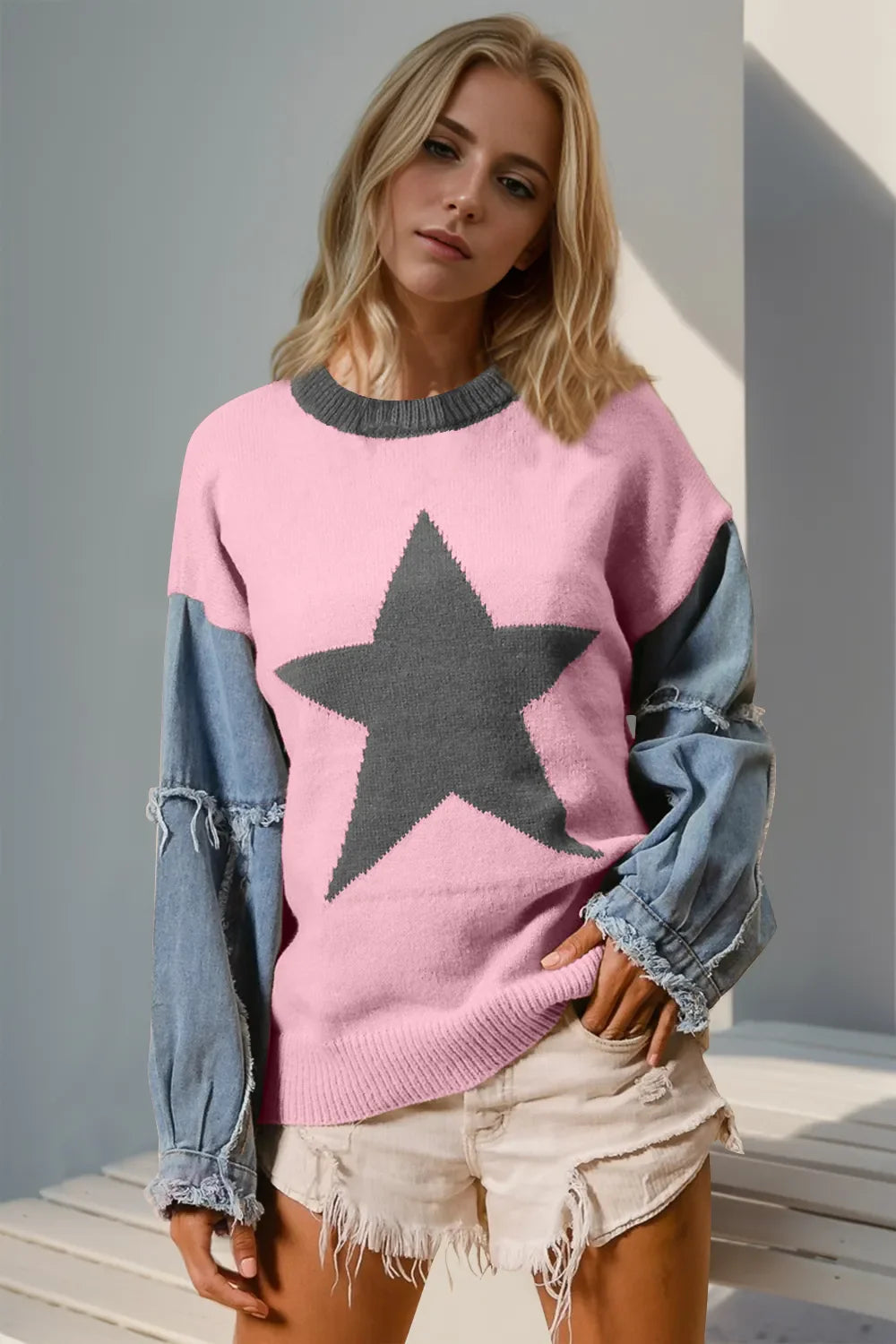 Double Take Star-Pattern Raw-Edge Long Sleeve Sweater FitiqueFit