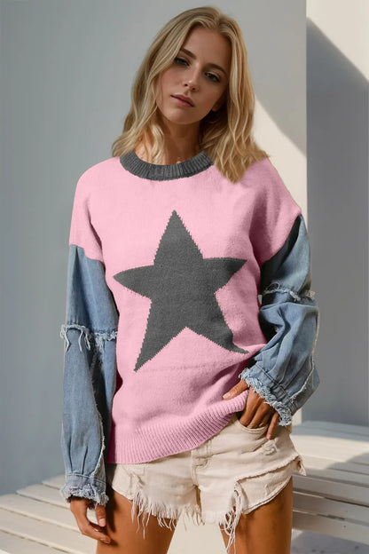 Double Take Star-Pattern Raw-Edge Long Sleeve Sweater FitiqueFit
