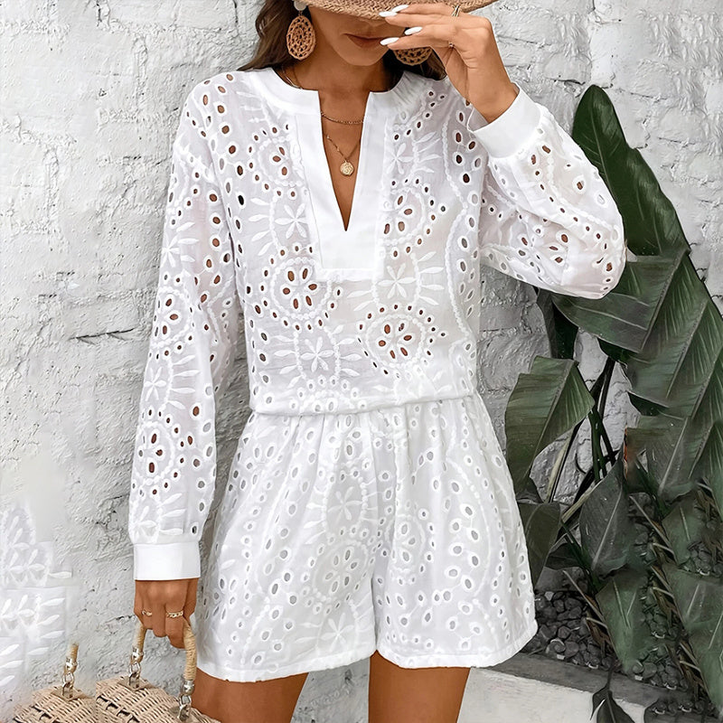 Women's Solid Color Elegant V-Neck Lace Long Sleeve Blouse & Shorts Set FitiqueFit