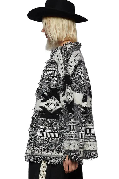 POL Open Front Geometric Print Cardigan with Fringe Detail West2East Surf