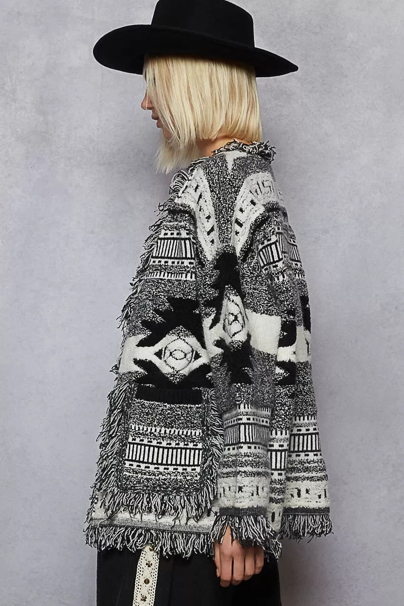 POL Open Front Geometric Print Cardigan with Fringe Detail FitiqueFit