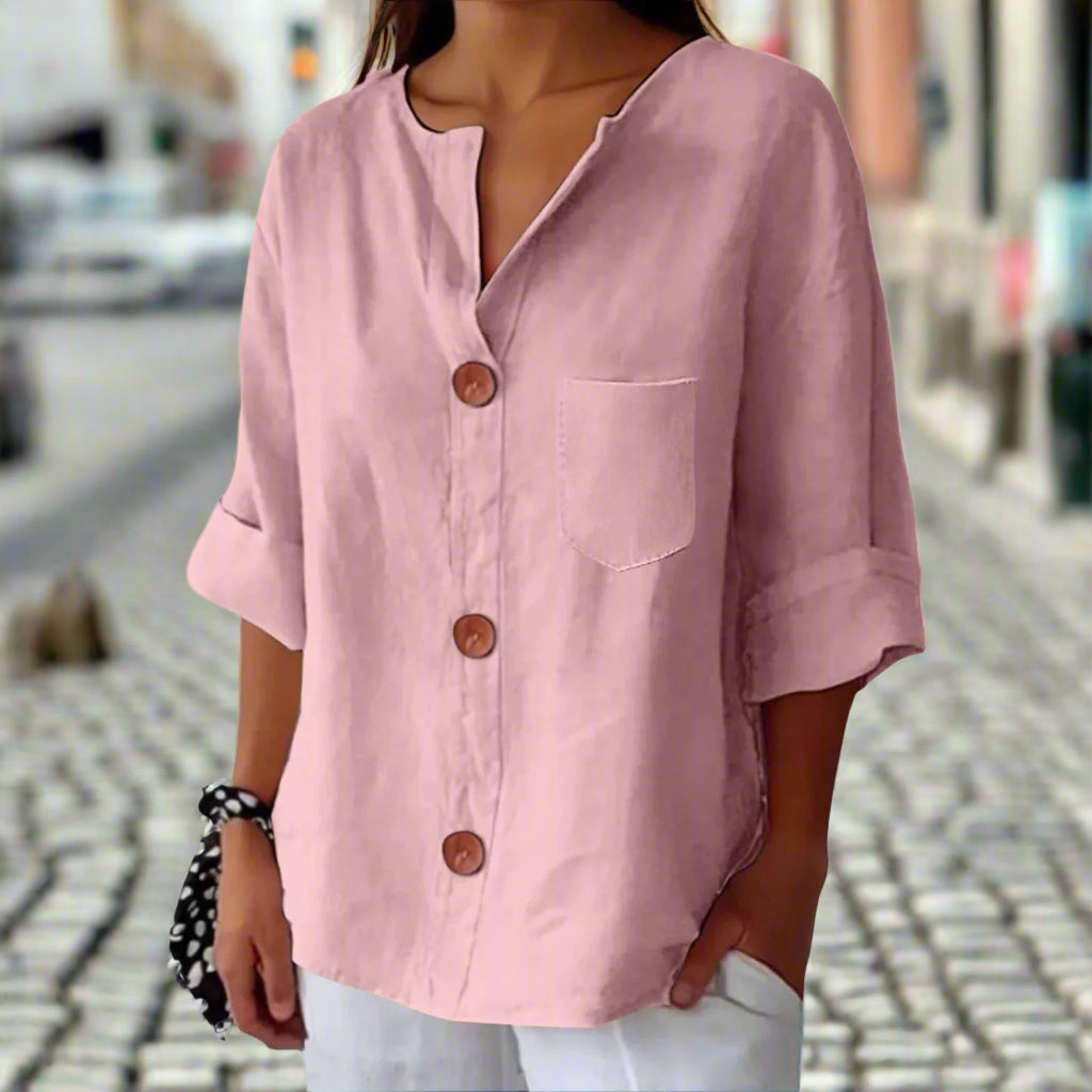 Women’s Loose V Neck T Shirt – Cotton Linen Button Top FitiqueFit