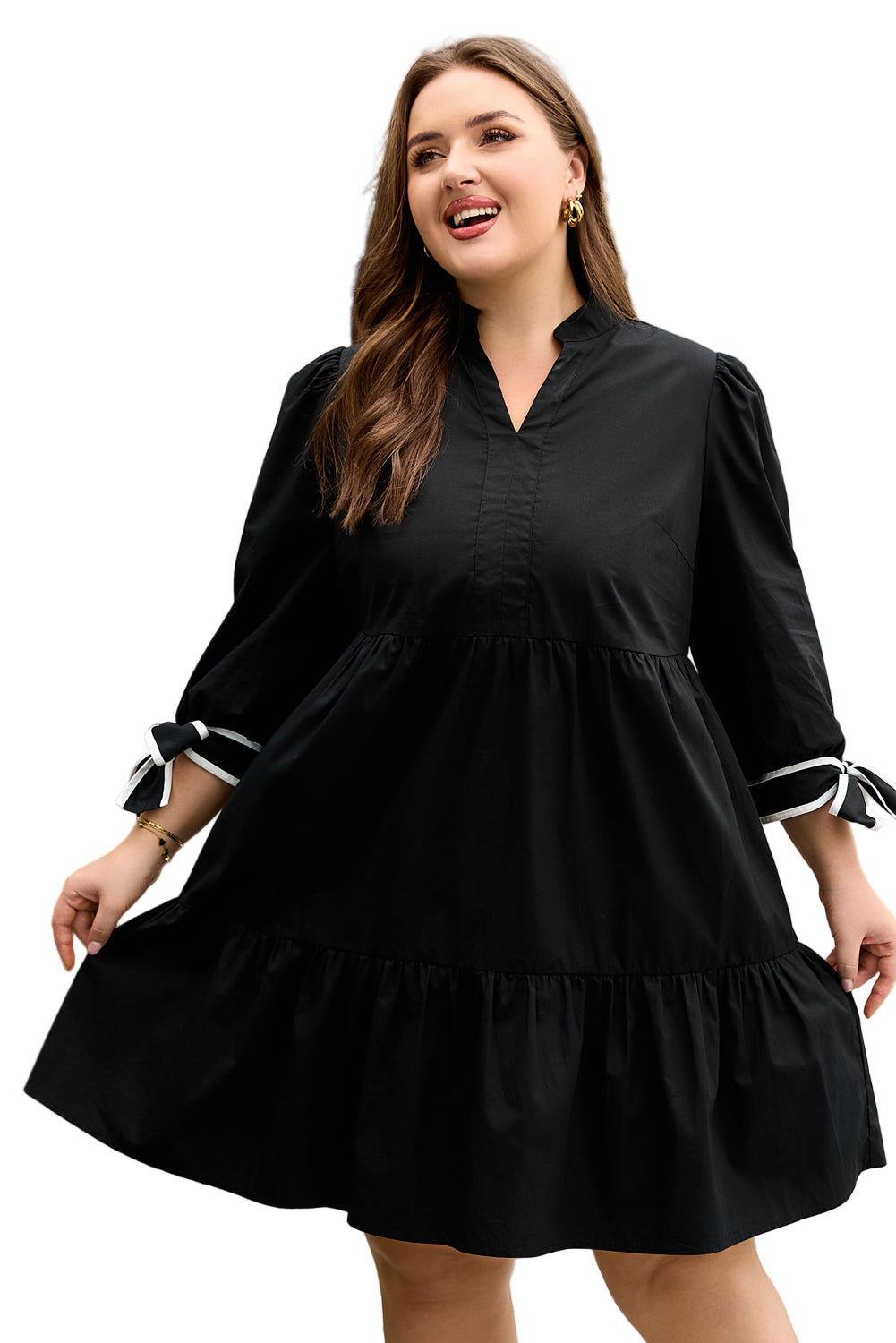 Black Contrast Trim Knot Cuffs Plus Size V Neck Mini Dress Garden Naked Curves