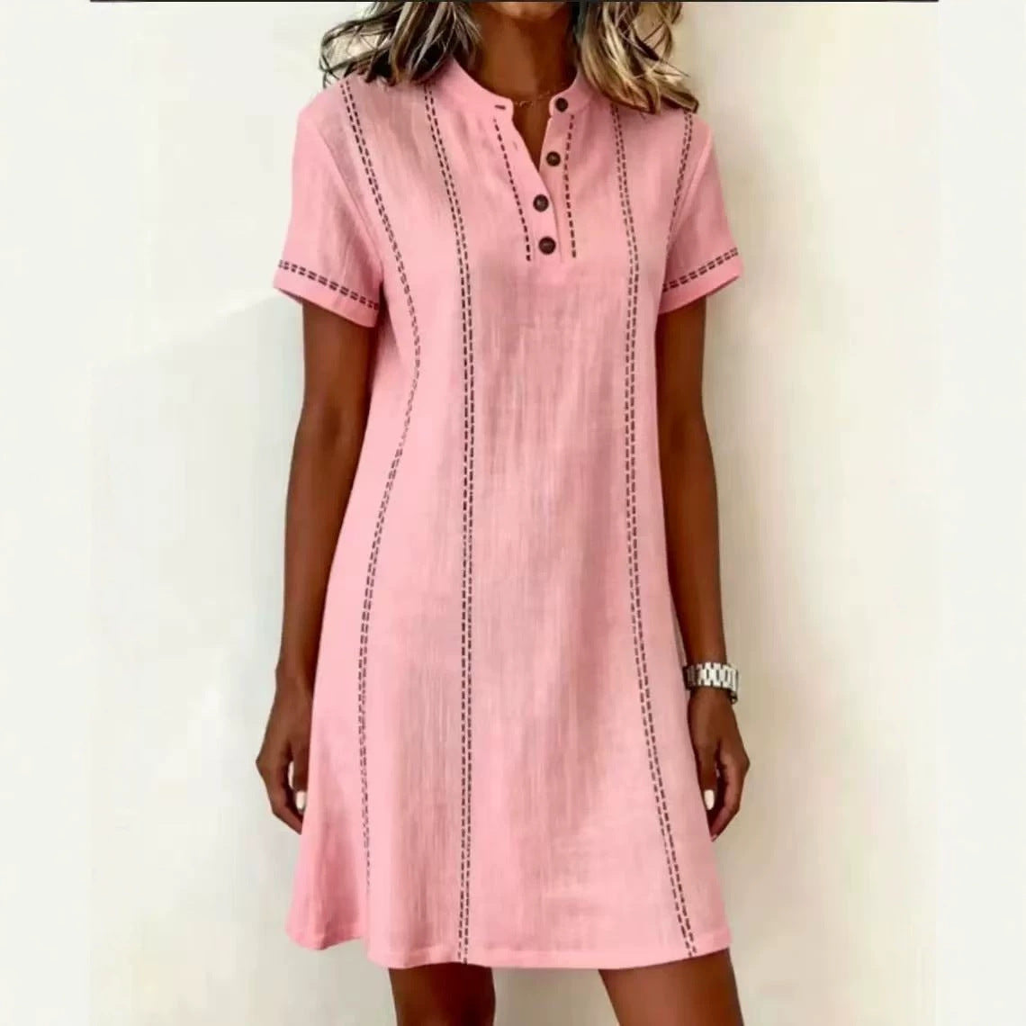 Women's Printed Button-Up Stand Collar Midi Dress – 3/4 Sleeve Loose Fit FitiqueFit