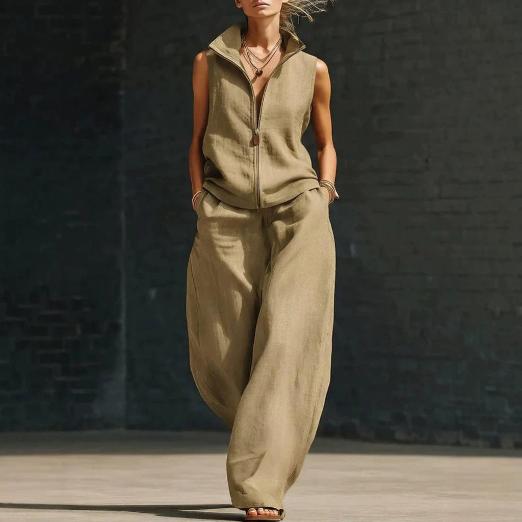 Women's Sleeveless Zippered Linen Two-Piece Set FitiqueFit