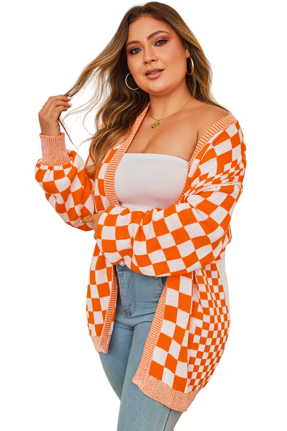 Orange Plus Size Checkered Bubble Sleeve Drop Shoulder Open Cardigan Garden Naked Curves