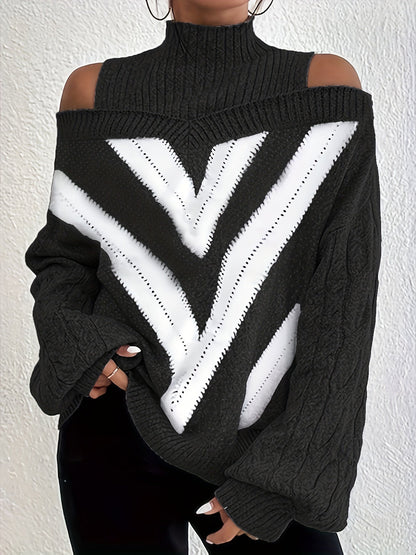 Elegant Plus Size Off Shoulder Striped Cable Knit Sweater