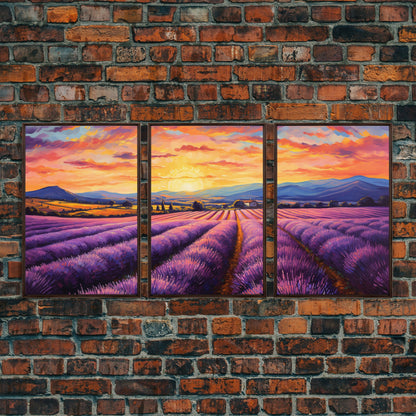 Purple Lavender Fields, 3 Piece Wall Art, Framed Canvas Print, Beautiful Original Landscape Painting, Sunset Painting, Farmhouse Decor NuevArt
