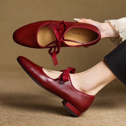 Women's French Vintage Genuine Leather Round Toe Chunky Heel Shoes FitiqueFit