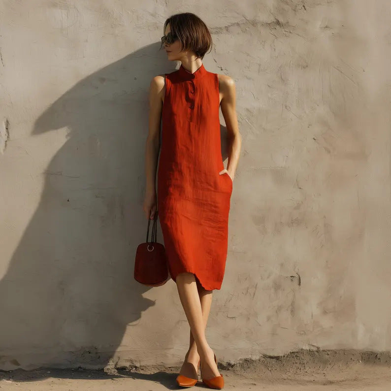 Women's Sleeveless A-Line Midi Dress – Solid Color Cotton Linen Casual FitiqueFit