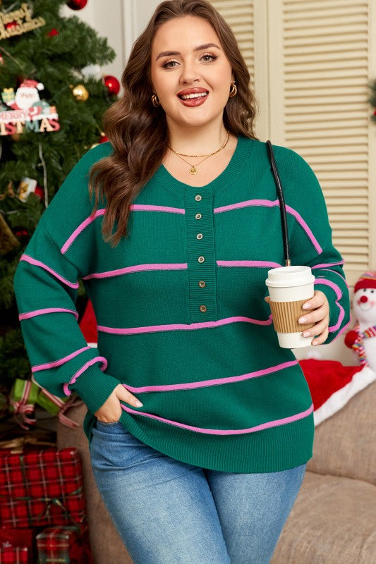Plus Size Stripe Half Button Drop Shoulder Sweater Shop Style & More | Fresh Looks, Everyday Deals & Free Shipping
