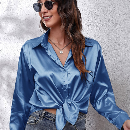 Hot Style In-Kind Shooting Satin Shirt Women'S Satin Imitation Long-Sleeved Shirt New European And American Cross-Border Women'S Clothing NovaCart