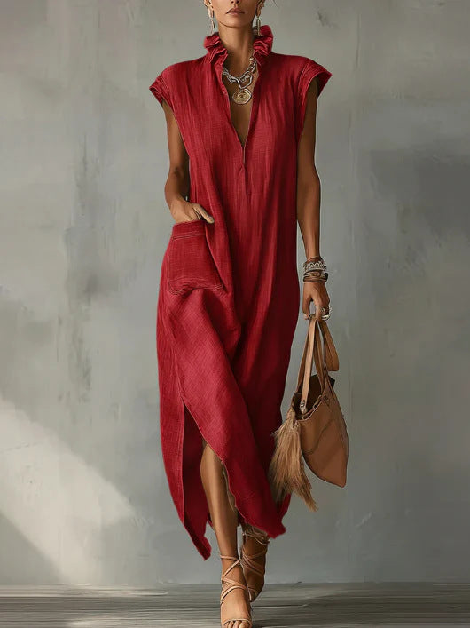 Women’s Cotton-Linen Sleeveless Solid-Color Shirt Dress FitiqueFit