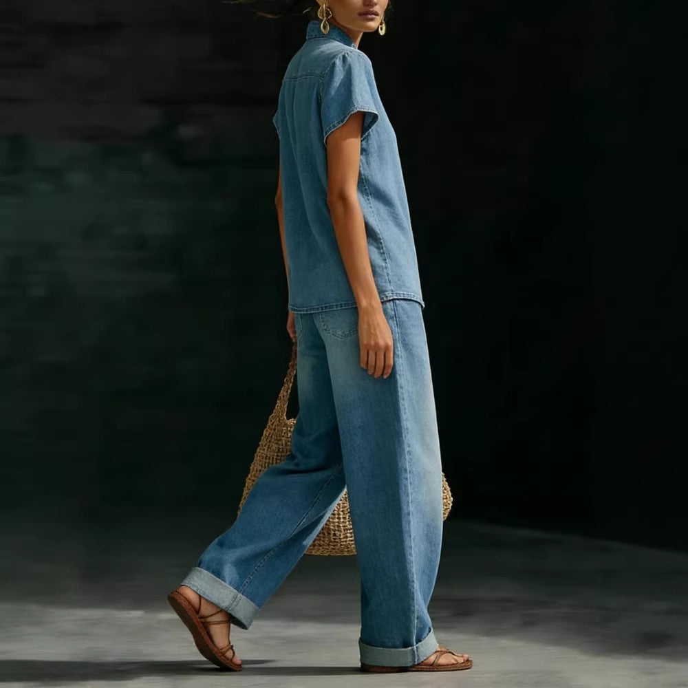 Faux Denim Two-Piece Set – Loose-Fit Short-Sleeve & Pants FitiqueFit