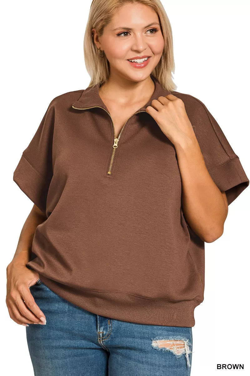 Zenana Full Size Scuba High Neck Half Zip Short Sleeve Top Plus Size Garden Naked Curves