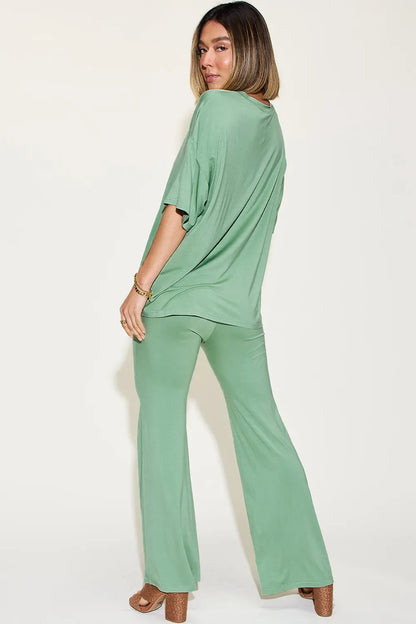 Basic Bae Full Size Bamboo Drop Shoulder T-Shirt and Flare Pants Set New Era Fashion LLc