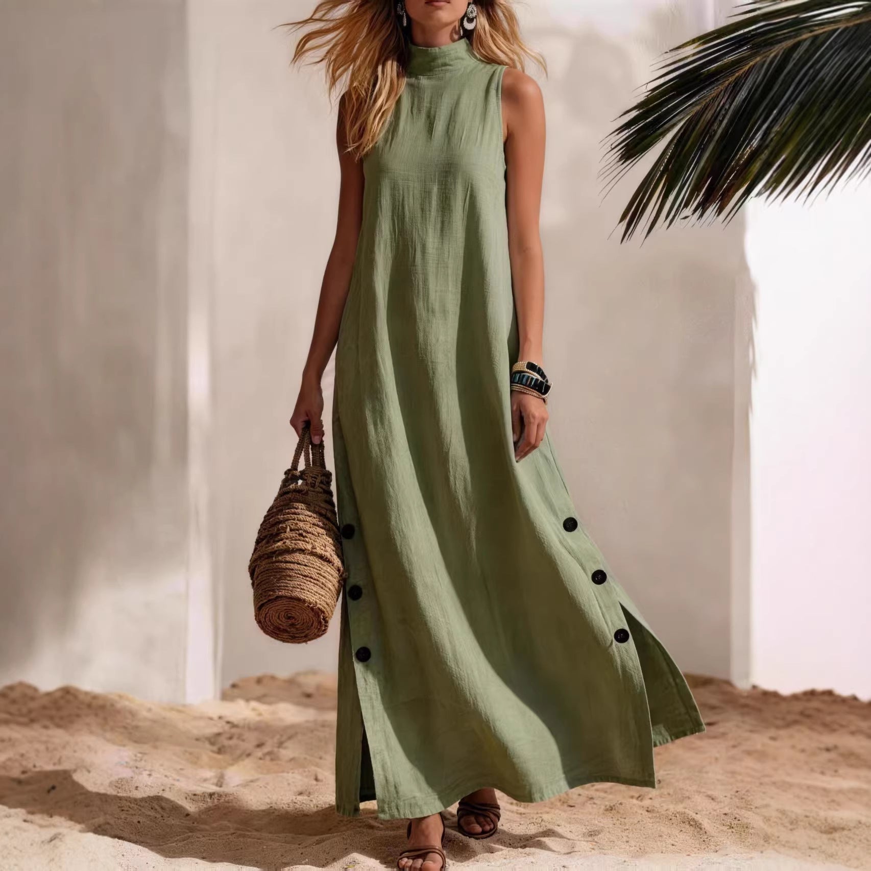 Cotton Linen Sleeveless Midi Dress – Side Slits & Loose Fit FitiqueFit