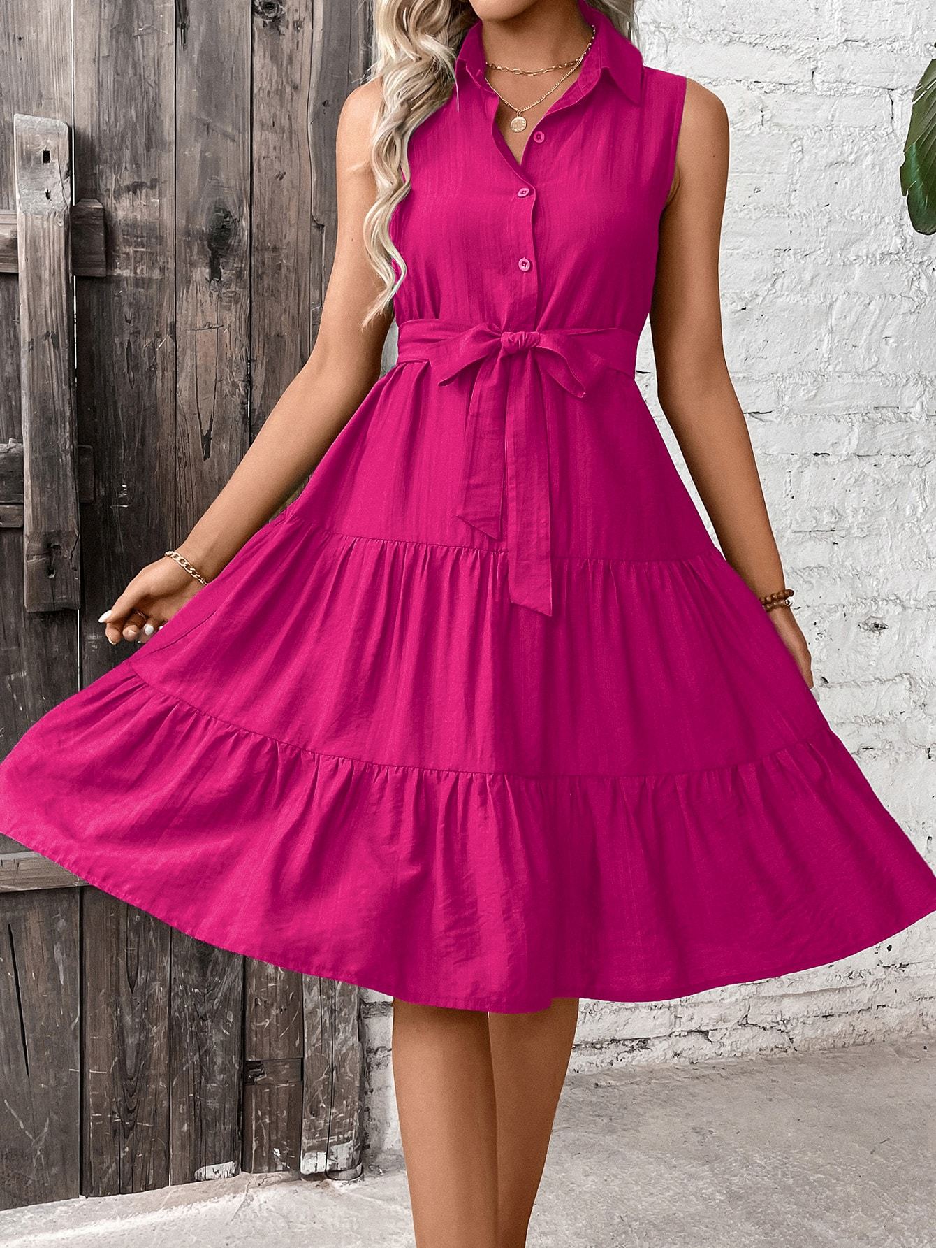🌴 Women's Ruffle Hem Belted Shirt Maxi Dress FitiqueFit