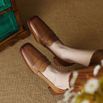 Women's Sheepskin Square Toe Chunky Heel Pumps – Retro High Heel Dress Shoes FitiqueFit