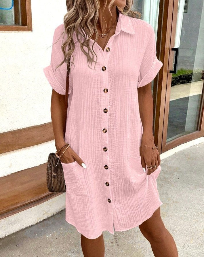 Women's Cotton Linen Shirt Dress – V-Neck Button-Front A-Line Dress FitiqueFit