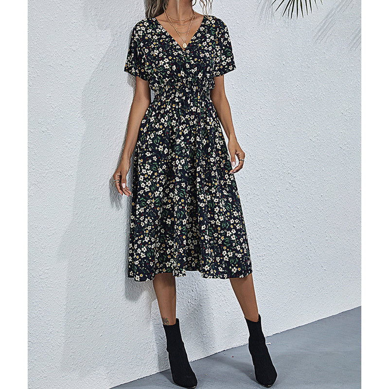 Boho V Neck Floral Print Short Sleeve Mini Dress Cute Smocked Waist Short Dress Grayceful LLC