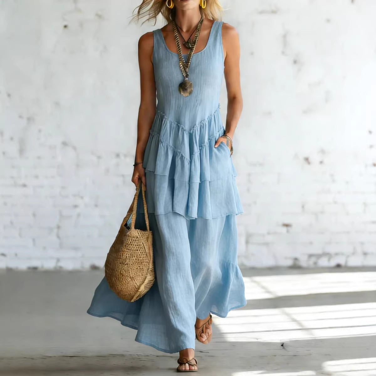 Women's Cotton Linen Sleeveless Loose Maxi Dress FitiqueFit