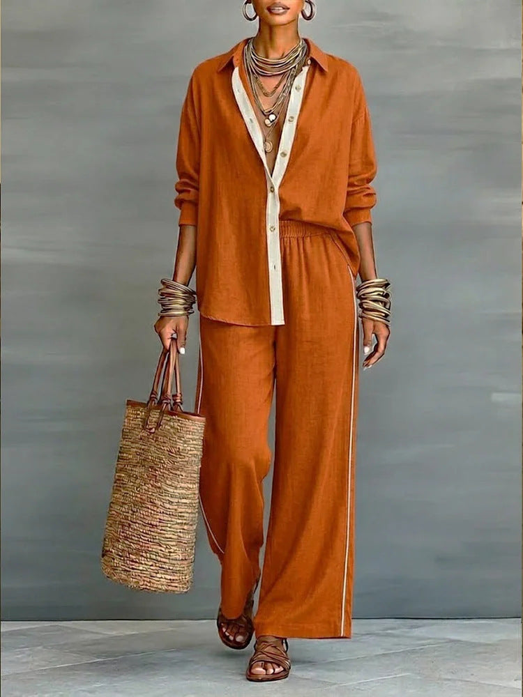 Contrast-Color Long-Sleeve Shirt & Pants Set – Two-Piece FitiqueFit