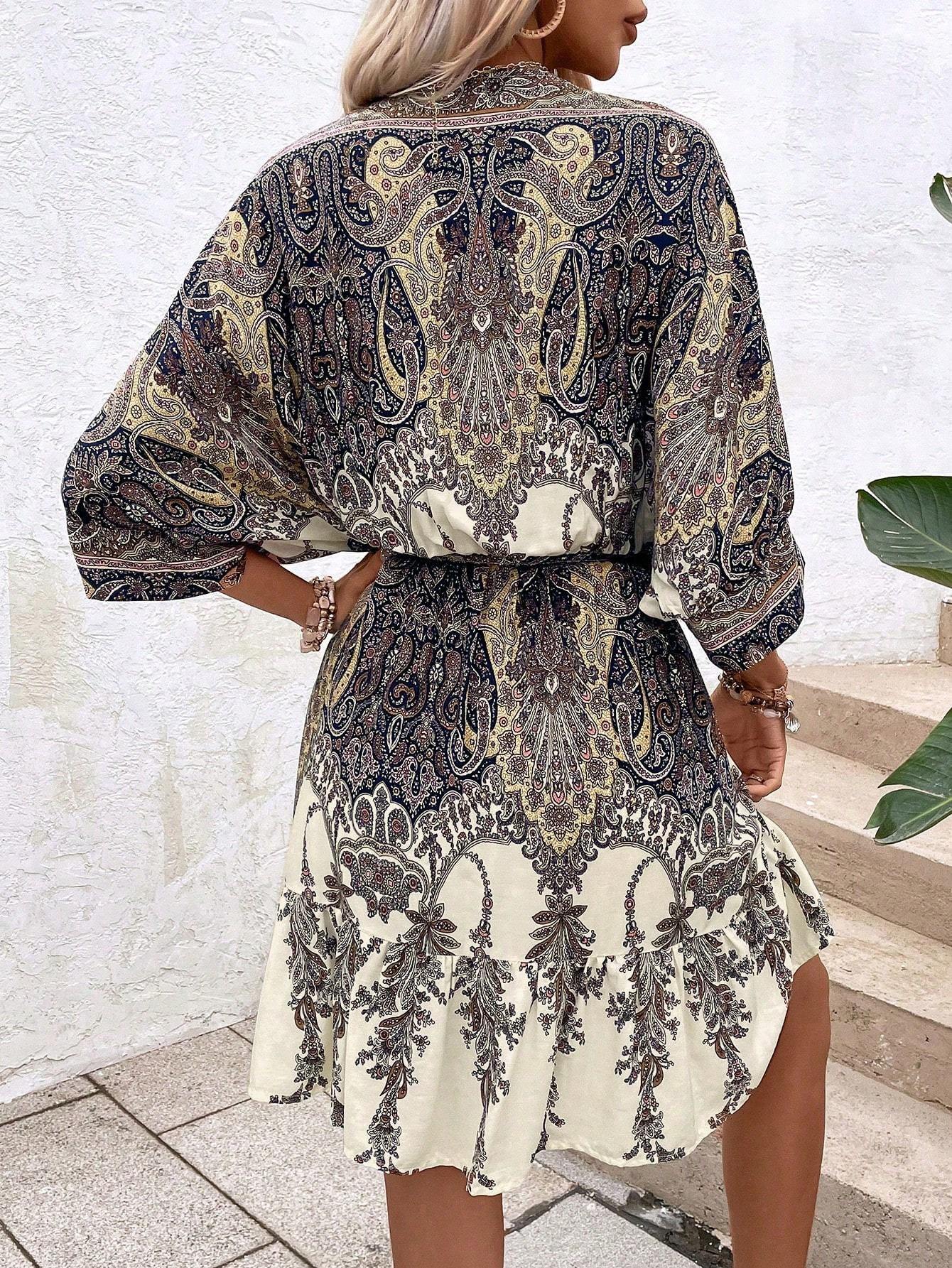 Paisley Print Batwing Sleeve Tassel Tie Front Ruffle Hem Dress FitiqueFit