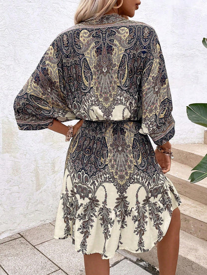 Paisley Print Batwing Sleeve Tassel Tie Front Ruffle Hem Dress FitiqueFit
