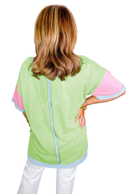 Light Blue Color Block Side Slit Plus Size T Shirt Garden Naked Curves