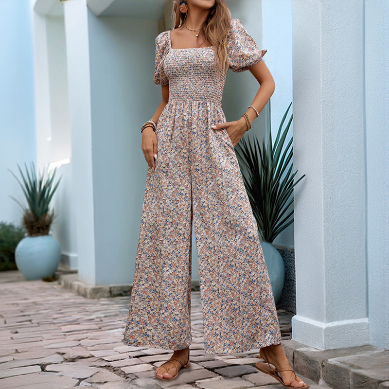 Square Collar Puff Sleeve Vacation Style Floral Jumpsuit Grayceful LLC