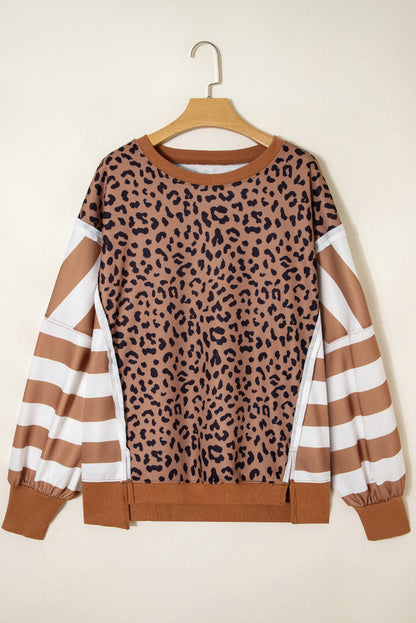 Purple Leopard Striped Patchwork Plus Size Loose Sweatshirt Garden Naked Curves