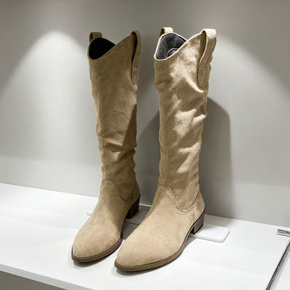 Chunky Heel Suede Riding Boots Women FitiqueFit