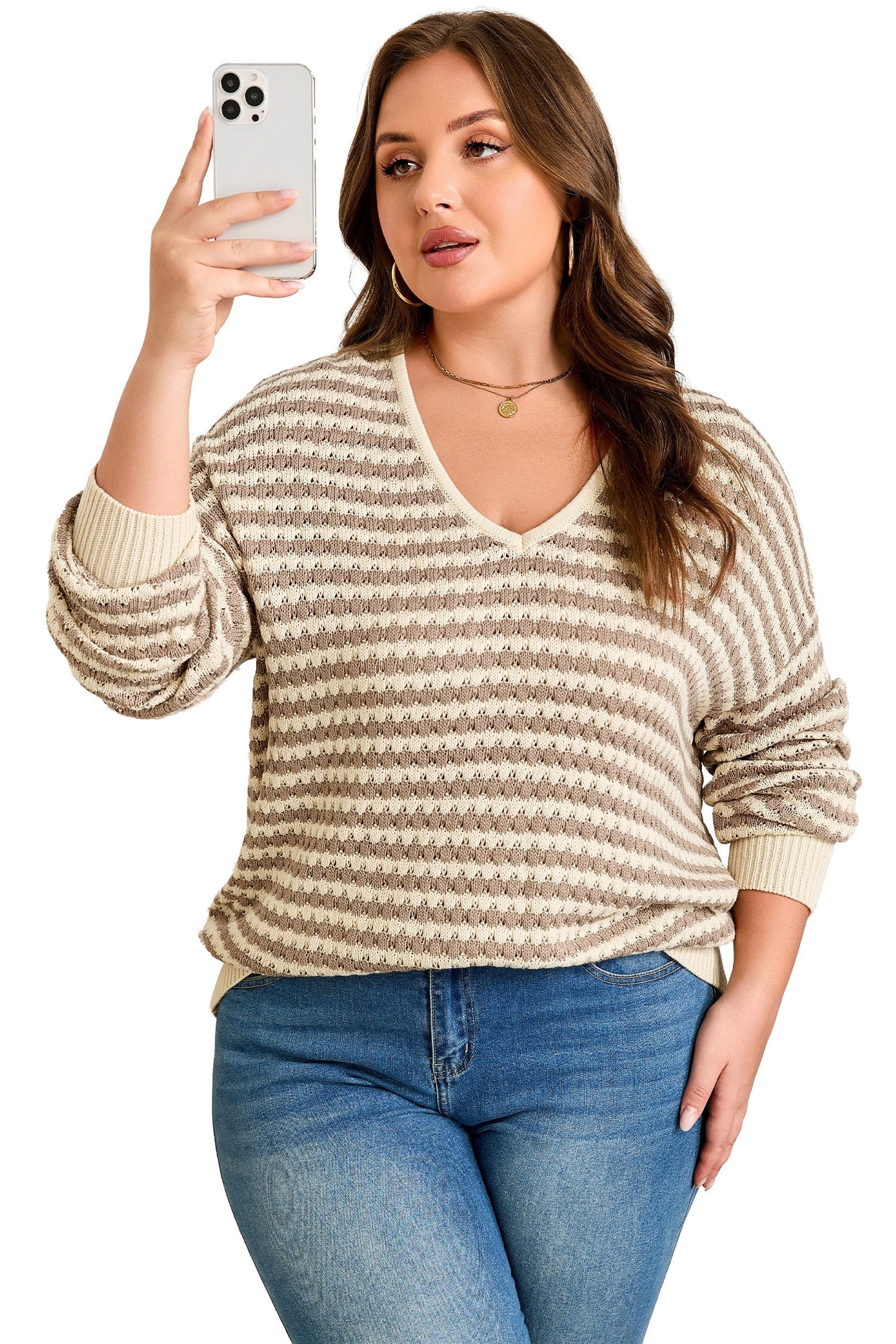Khaki Stripe Plus Size V Neck Drop Shoulder Sweater Garden Naked Curves