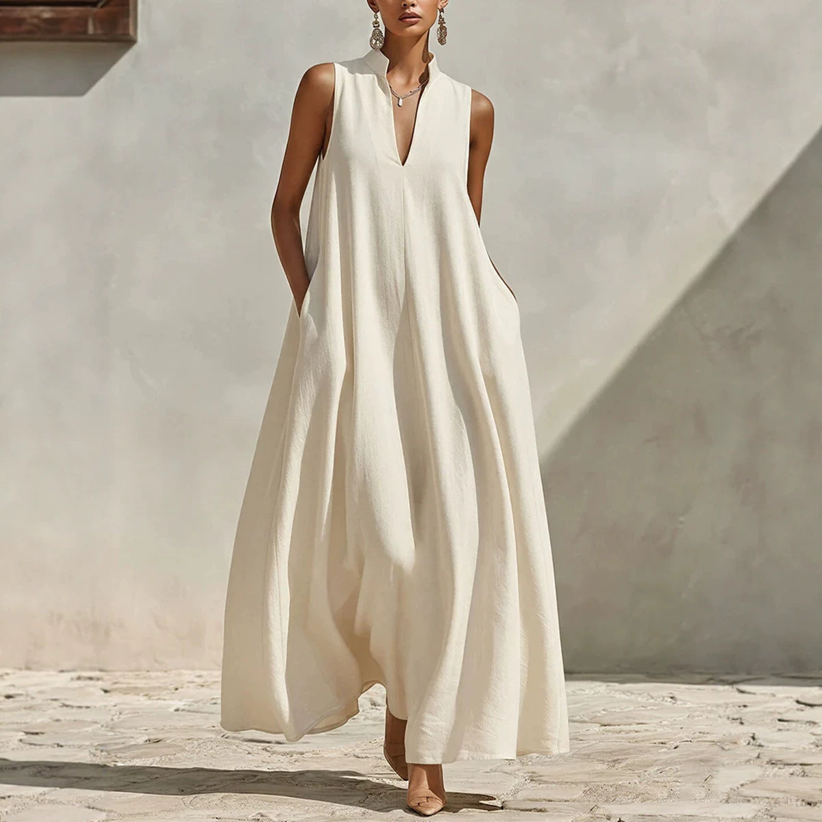 Linen Blend Sleeveless Stand-Collar Maxi Dress – 5 Colors S–3XL FitiqueFit