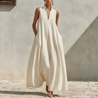 Linen Blend Sleeveless Stand-Collar Maxi Dress – 5 Colors S–3XL FitiqueFit