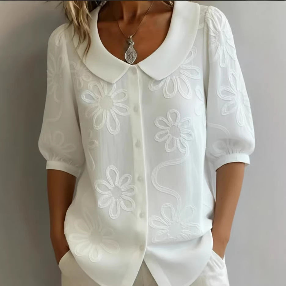 Women's Loose-Fit Retro 3D Embroidered Floral Shirt – Buttoned Casual Top FitiqueFit