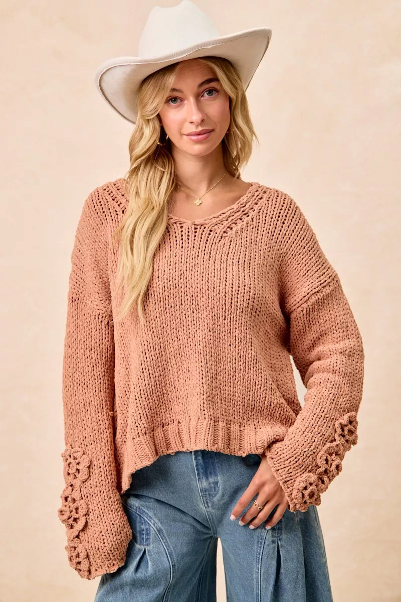 BiBi Chunky Knit Sweater with Flower Detail Sleeves FitiqueFit