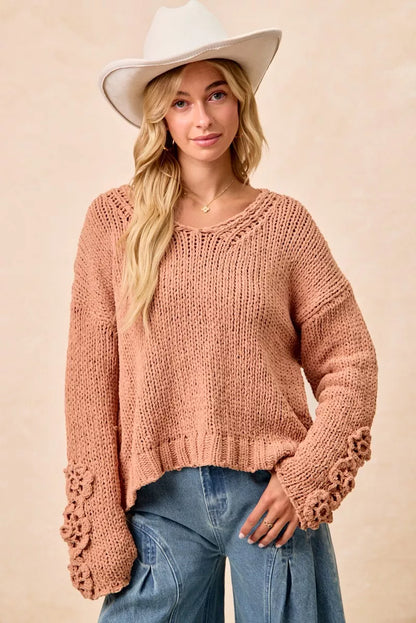 BiBi Chunky Knit Sweater with Flower Detail Sleeves FitiqueFit