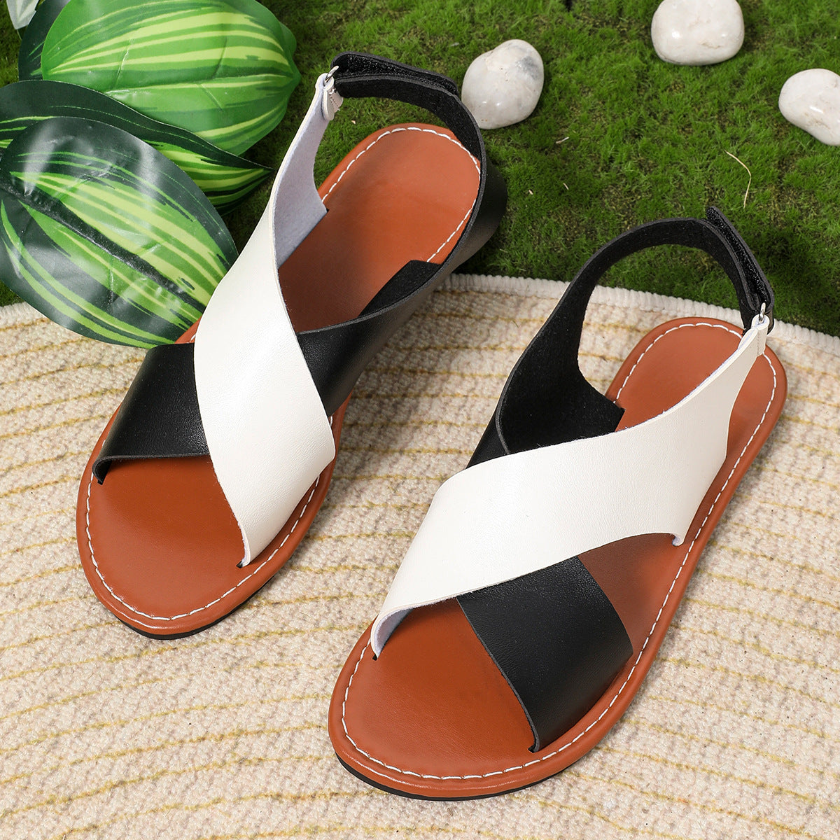Women's Color-Block Cross-Strap Flat Sandals FitiqueFit