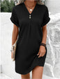 Button-Front V-Neck Dress – Short Sleeve Solid Casual Shirt Dress FitiqueFit