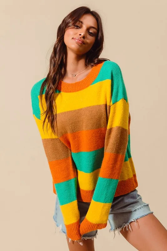 SO ME Multi Color Stripe Sweater with Ribbed Detail West2East Surf