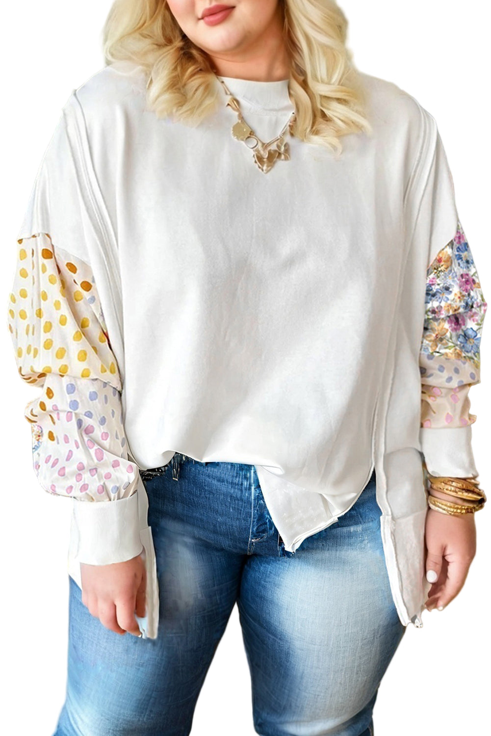 White Plus Size Exposed Seam Detail Contrast Dot Floral Patchwork Sleeve Sweatshirt Garden Naked Curves