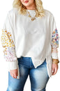 White Plus Size Exposed Seam Detail Contrast Dot Floral Patchwork Sleeve Sweatshirt Garden Naked Curves