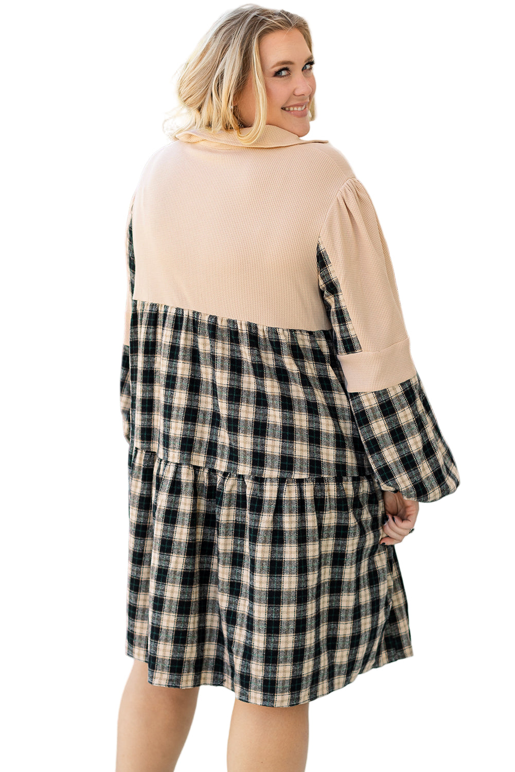 Black Plaid Waffle Knit Patchwork Collared V Neck Plus Size Mini Dress Garden Naked Curves