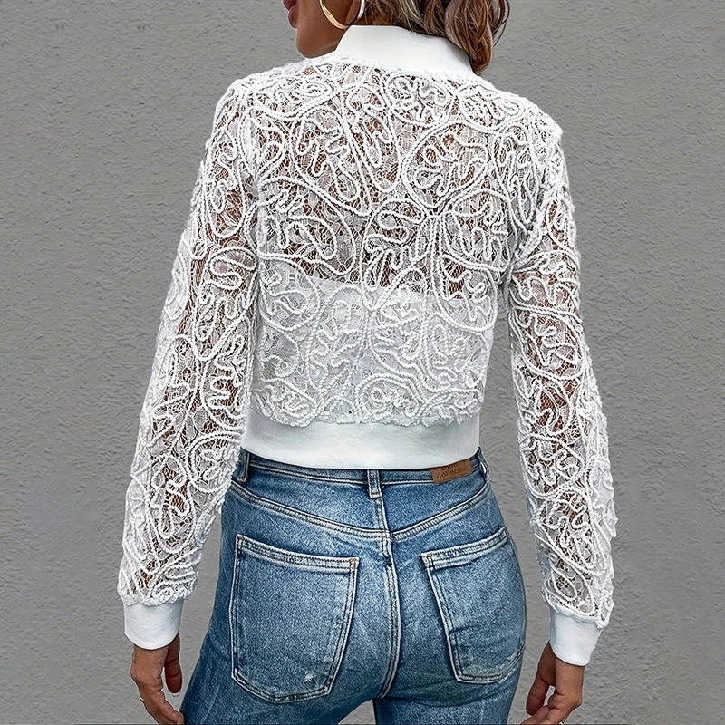 Women's Elegant Lace Short Zip-Up Long Sleeve Jacket Spring Fall Top FitiqueFit