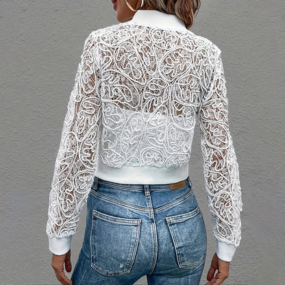 Women's Elegant Lace Short Zip-Up Long Sleeve Jacket Spring Fall Top FitiqueFit