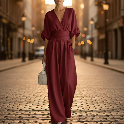 Women's V-Neck Wide-Leg Jumpsuit – High Waist Pleated Elegant 11 Colors S–5XL FitiqueFit