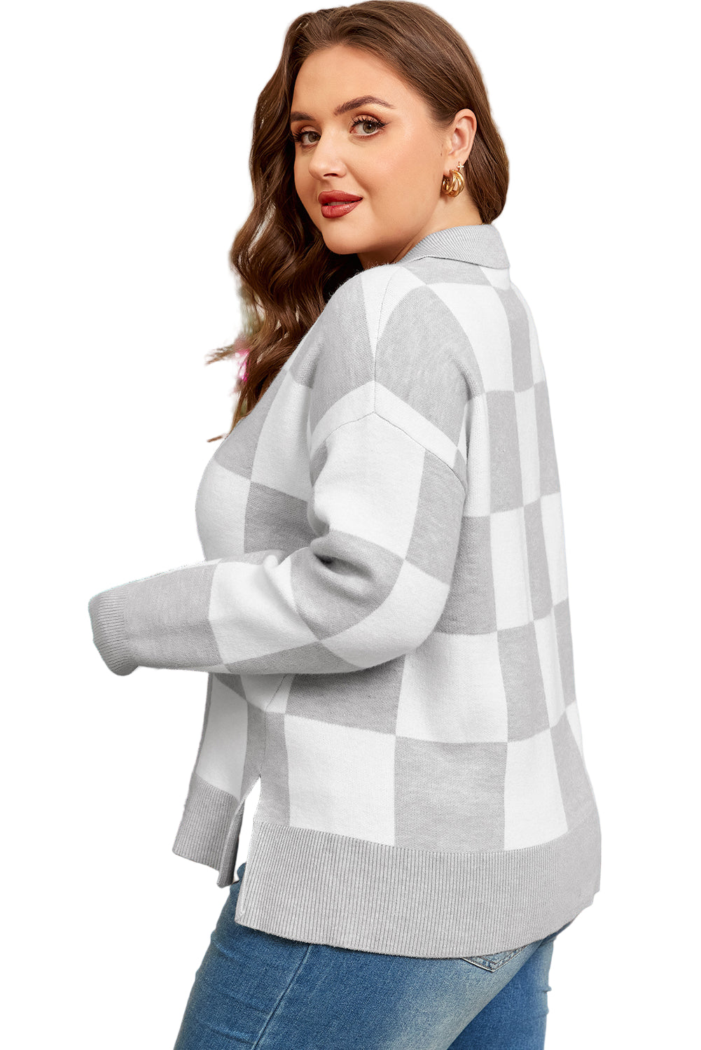 Gray Plus Size Checkered Pattern Button Polo Collar Split Sweater Garden Naked Curves