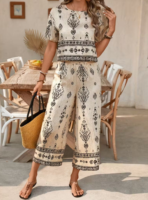 Women's Ethnic Print Contrast Two-Piece Set – Top & Straight-Leg Pants FitiqueFit